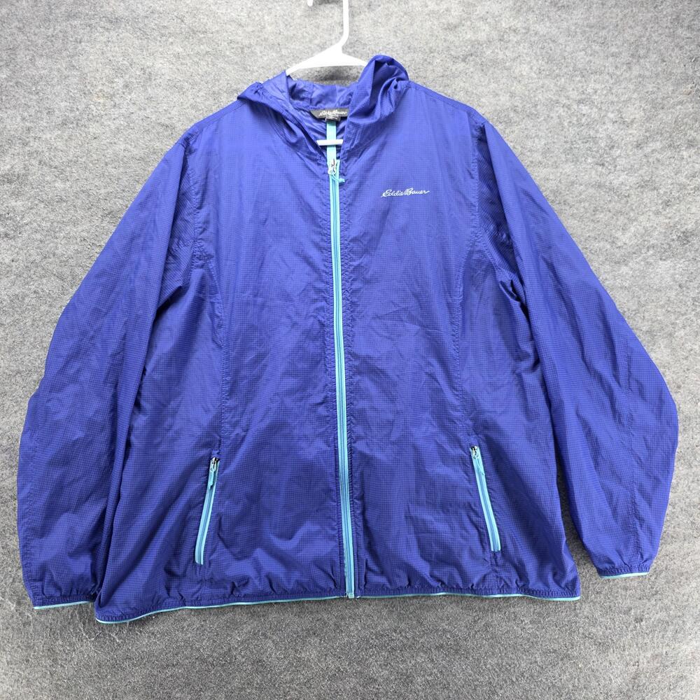 Eddie Bauer Jacket Womens 2XL Blue Windbreaker Hooded Lined Lightweight Pockets